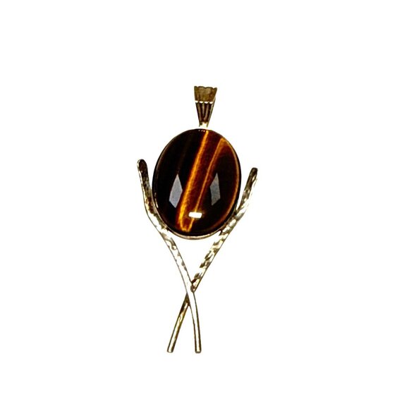 Tigers Eye Pendant Sterling Silver Branch Design Handmade Boho Jewelry - Picture 6 of 8